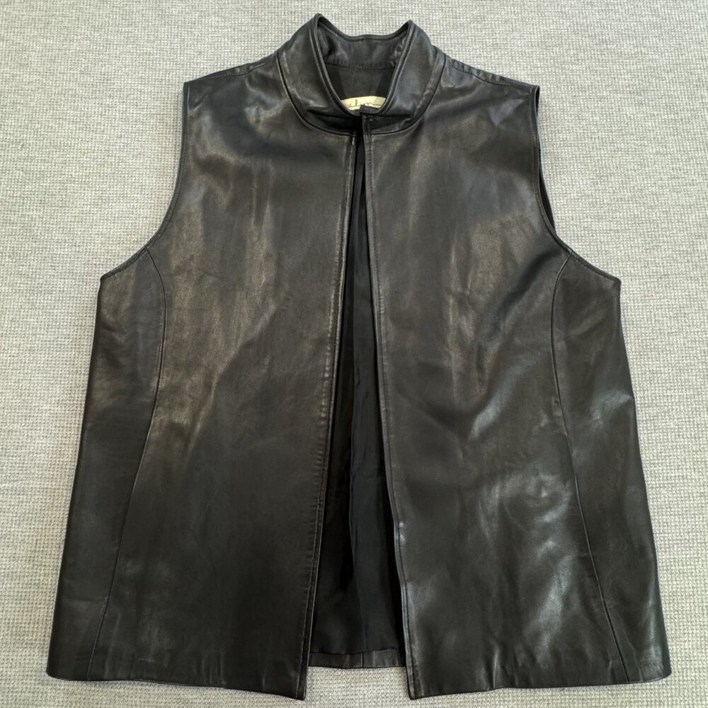 Sibylle Lyn Womens Black Leather Vest Mock Neck Lined Custom Size Spec Biker